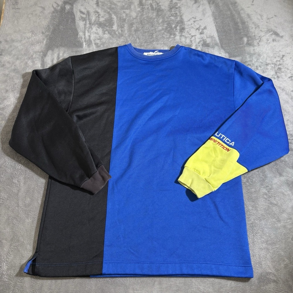 Vintage Nautica Competition Color Block Blue Black Long Sleeve Crewneck 90s XL